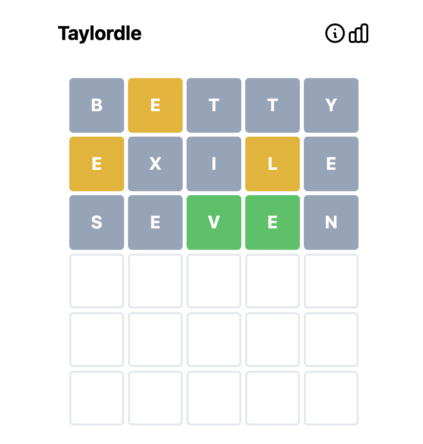 A Wordle grid with the words Betty, exile, and seven.