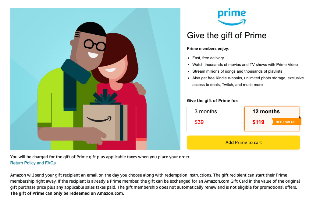 amazon prime gift subscription landing page