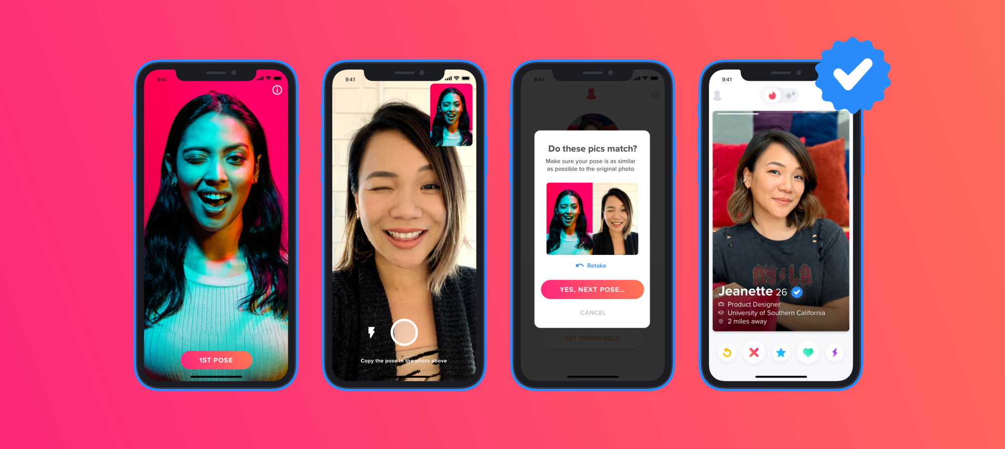 An image with several phone screens displaying Tinder's photo verification process.
