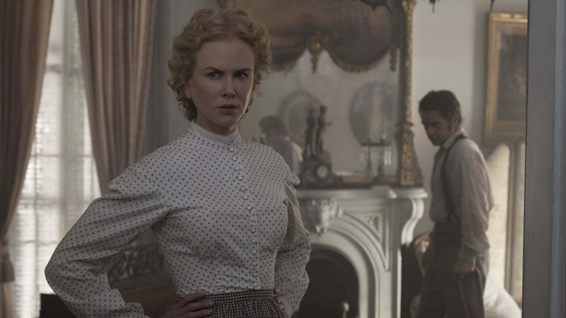 A white woman in period attire stands in the foreground, while an injured man lurks behind her.