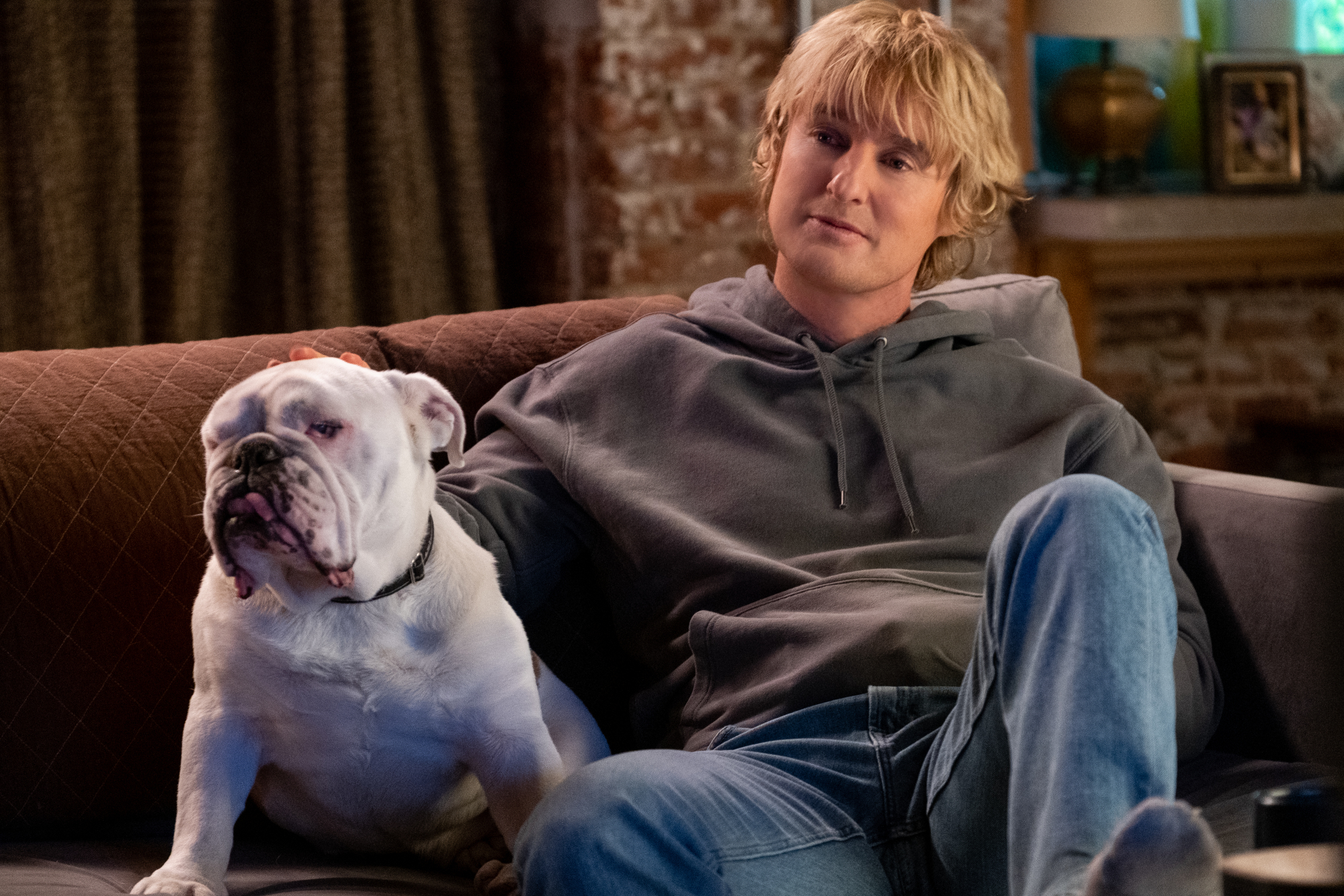 A bulldog sits on a couch with his owner, a handsome white man.