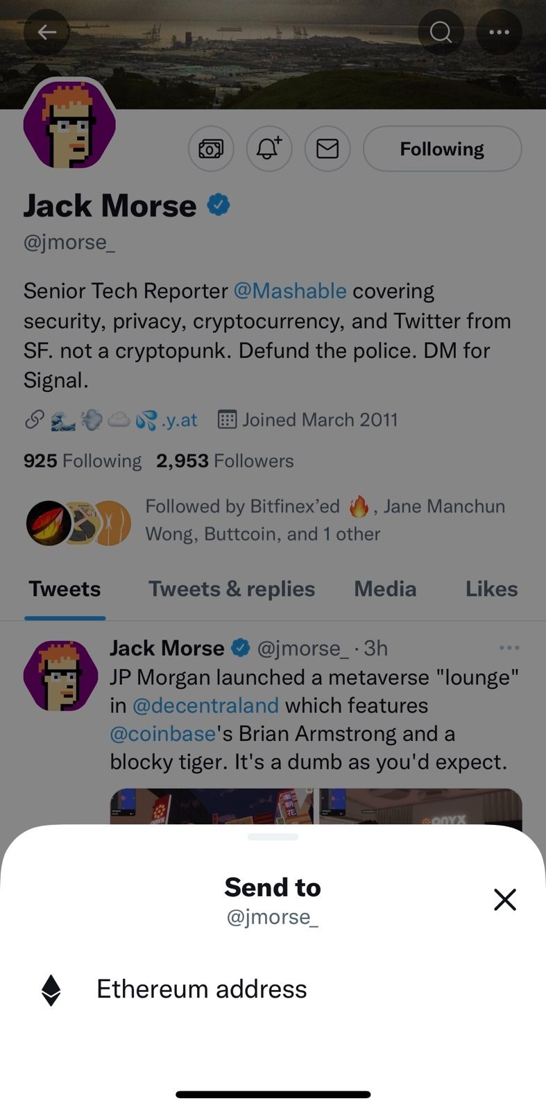 Screenshot of Twitter app showing Ethereum payment address in Tips feature.