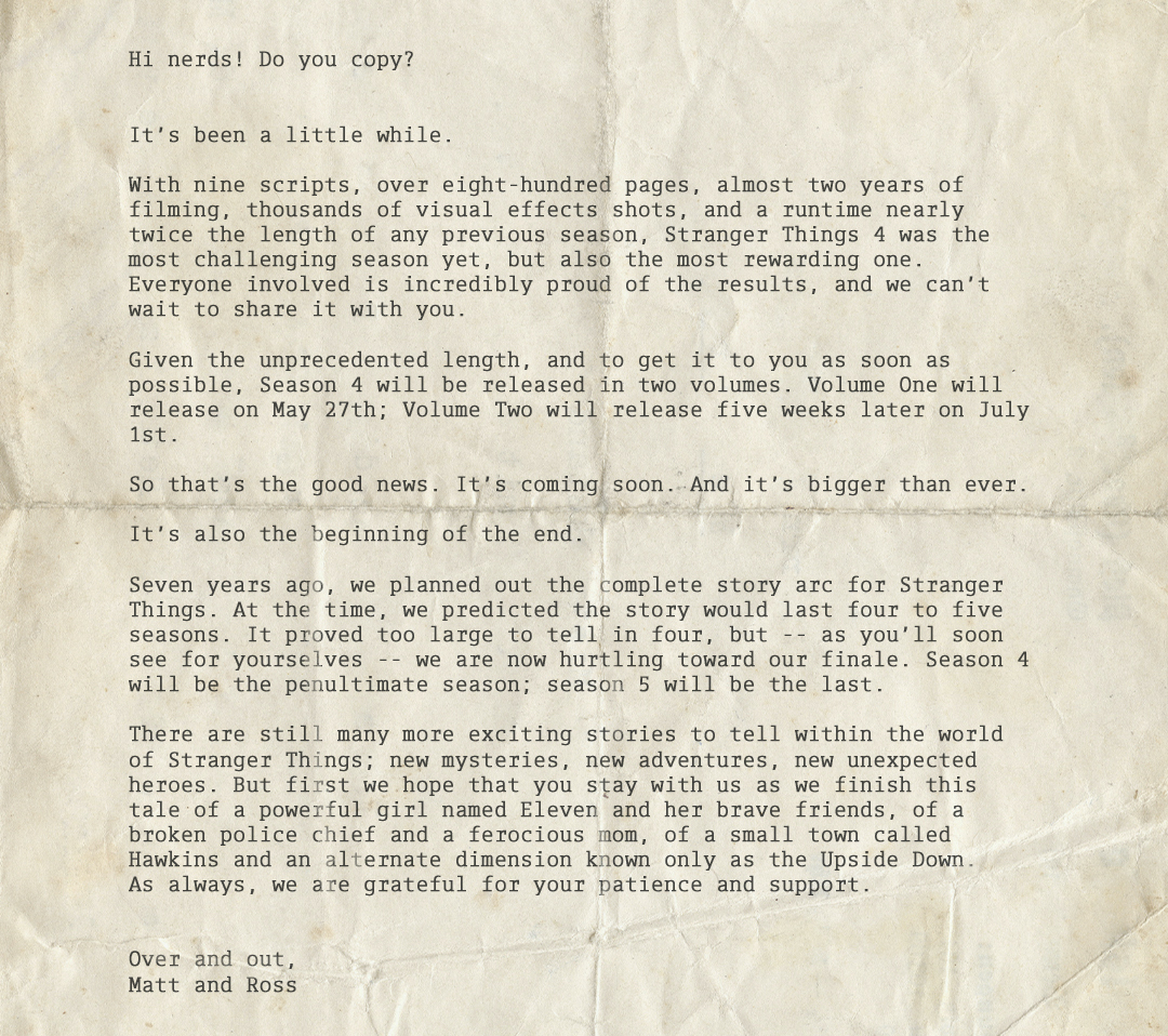 A letter from Matt and Ross Duffer to "Stranger Things" fans.
