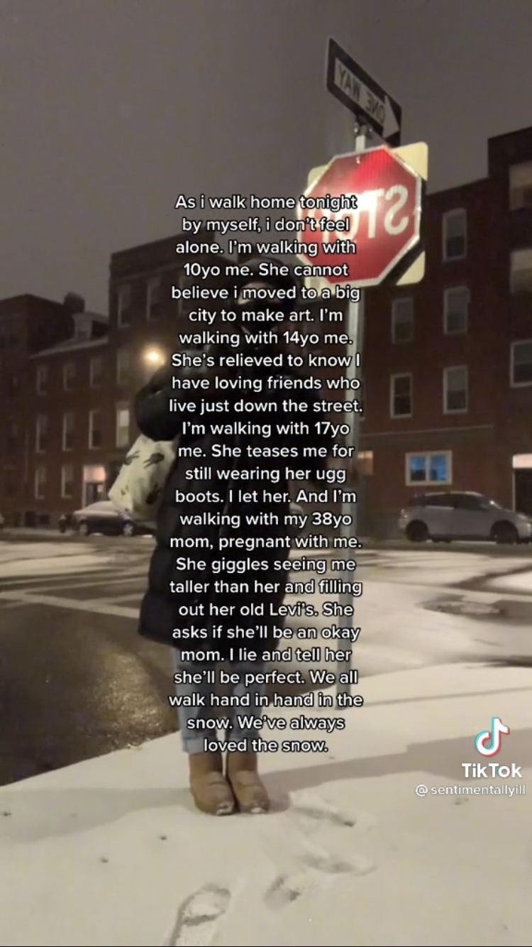 "As i walk home tonight by myself, i don't feel alone..."