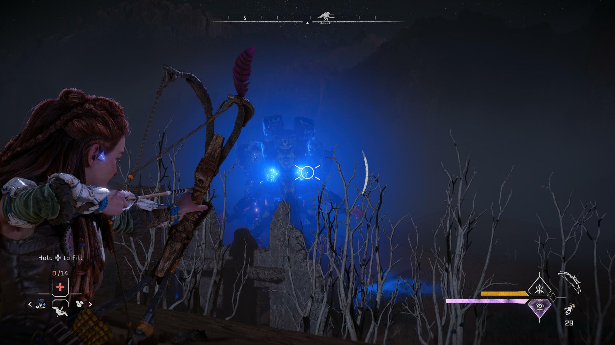 A screenshot from "Horizon Forbidden West." It's nighttime, and Aloy is aiming her bow at a large robot with glowing blue eyes.