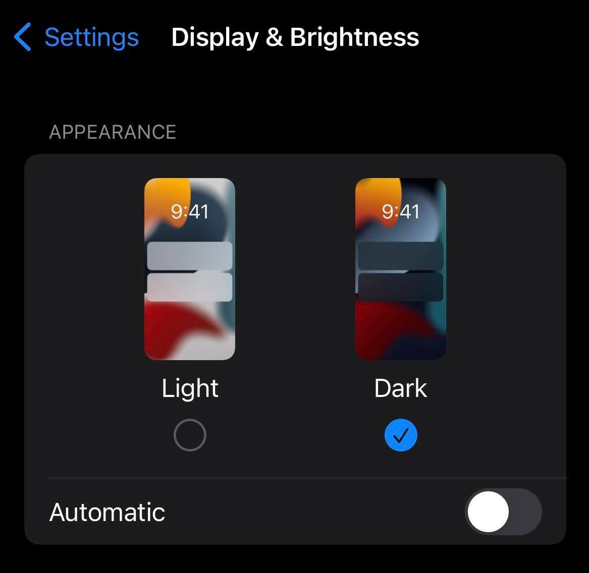A screenshot of an Apple iPhone's Display & Brightness settings.