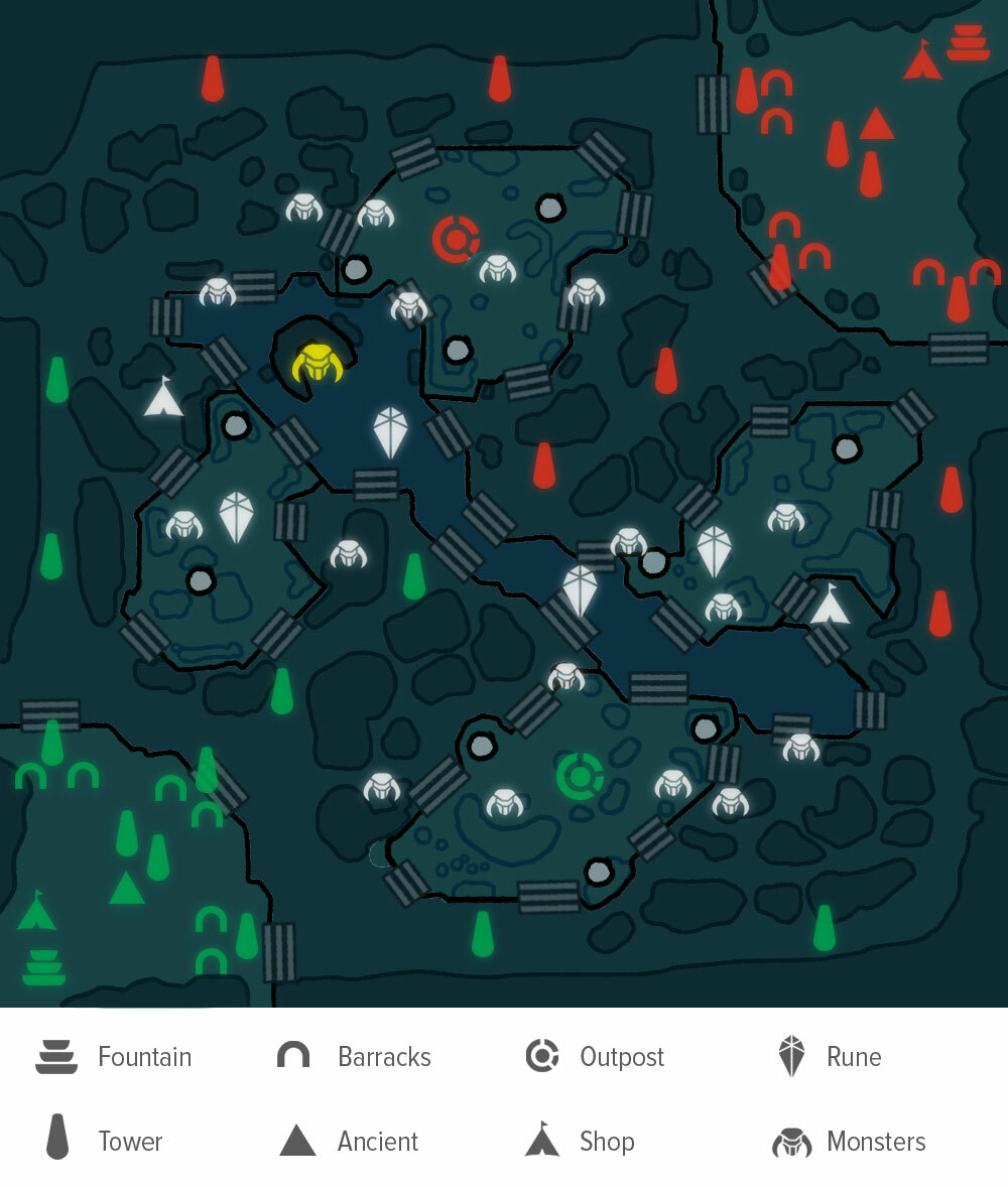 A map of the Dota 2 arena.