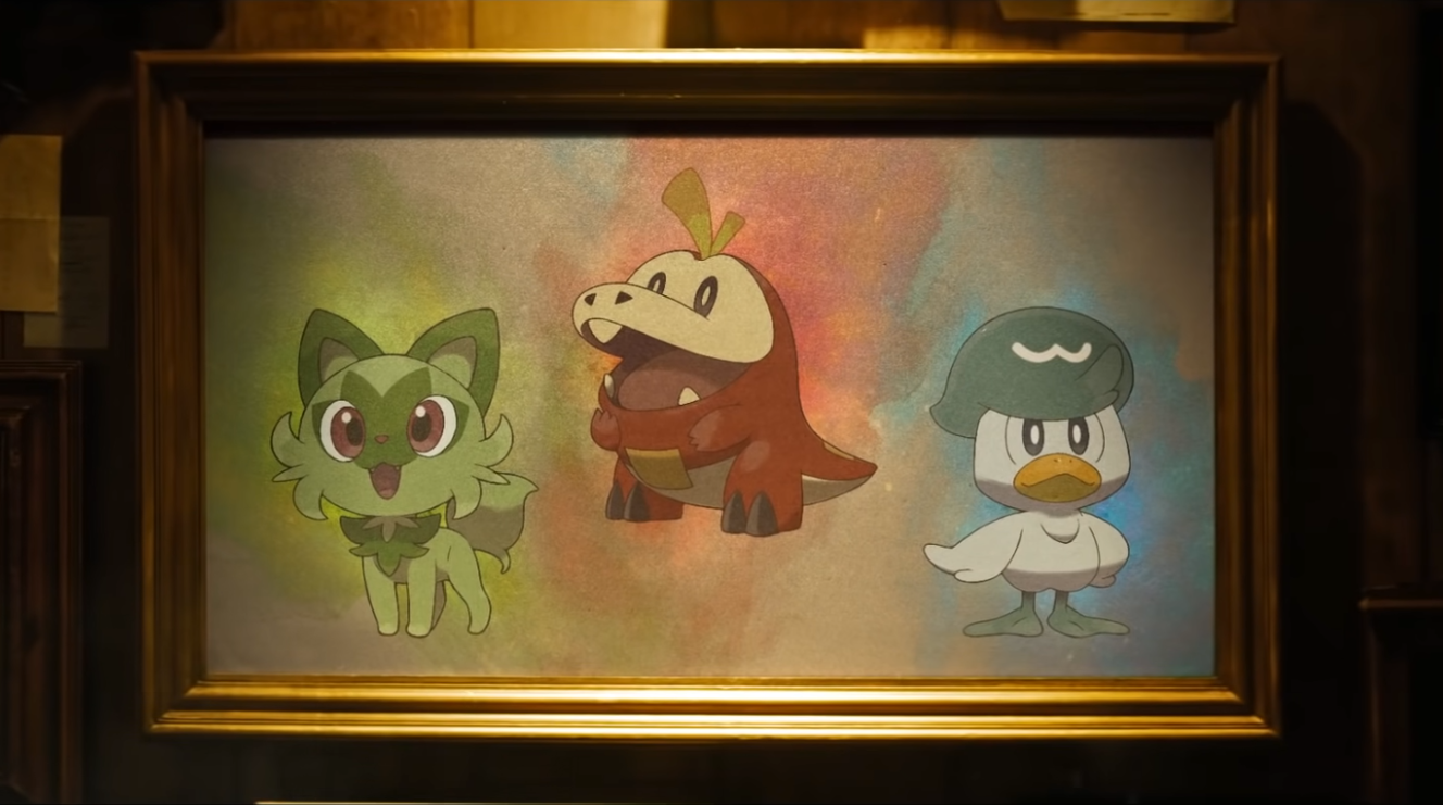 A landscape-oriented picture frame containing a piece of art that features three cute Pokémon: A cat-like creature, a dinosaur-like creature, and a duck-like creature.