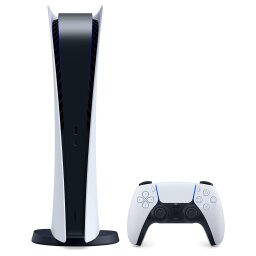 the playstation 5 digital edition next to a dualsense wireless controller