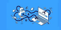 Graphic of robot with appendages touching laptop