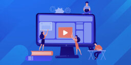 Blue graphic of small people surrounding big computer screen showing play button