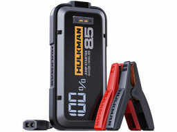 Car battery jump starter with hulkman brand and 100% text next to two claw clips in red and black