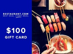 Plate of sushi with chopsticks reaching in next to restaurant.com $100 gift card ad