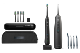 Black toothbrush, flosser, and case set with replacement heads