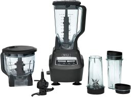 Black ninja blender with three alternate containers and another blade
