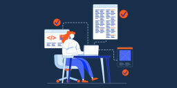 Cartoon of person working at laptop