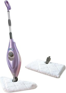 Purple mop with triangular head next to rectangular interchangeable head
