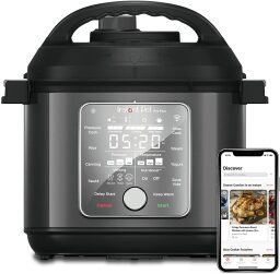 Black Instant Pot with smart phone showing compatible app