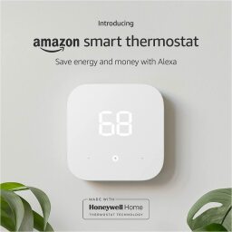 White square thermostat displaying temp of 68 degrees