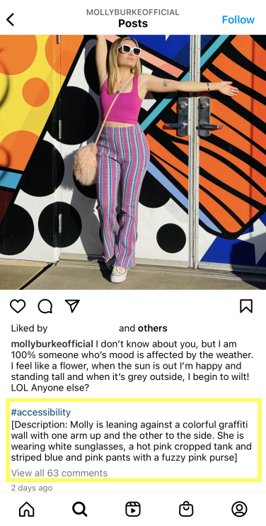 Activist Molly Burke's Instagram, with an alt text description added to her post's caption.
