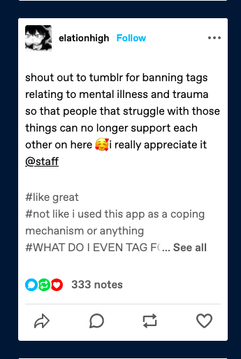 Screenshot of Tumblr text post protesting the iOS tag ban