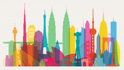 artwork of famous buildings arranged into a skyline