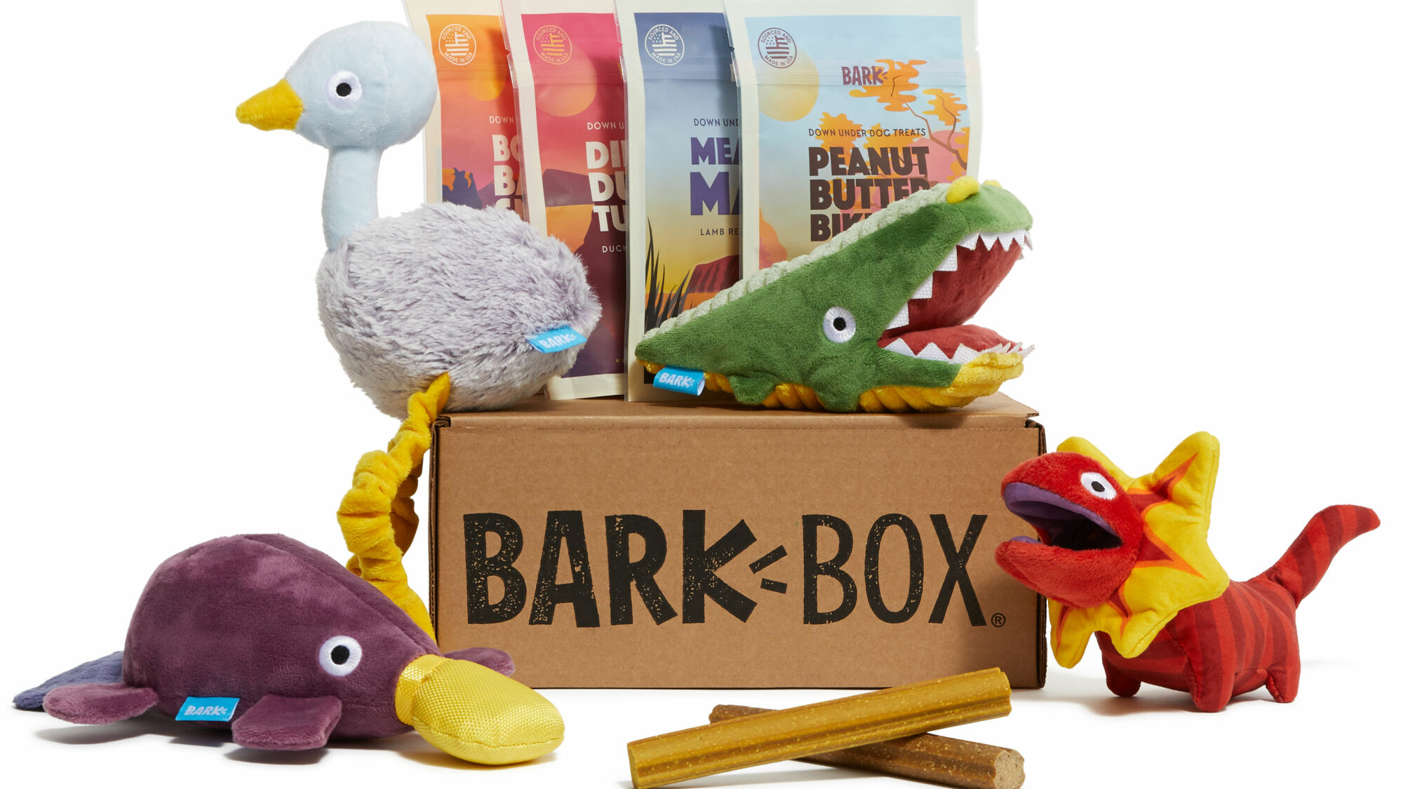 Image of plush toys and treats from Bark Box