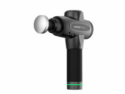 Black massage gun with silver head