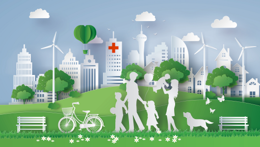 Paper cutout rendition of family in a city park with a skyline in the background