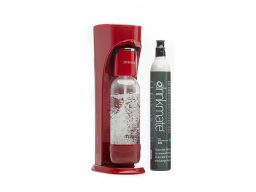 Red machine with bottle attached next to drinkmate carbon dioxide cylinder