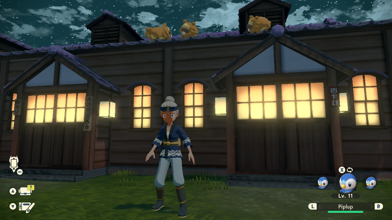 Three Bidoof sleeping on a rooftop in "Pokémon Legends: Arceus"