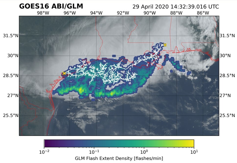 Satellite image of the lightning flash over the southern United States on 29 April 2020.