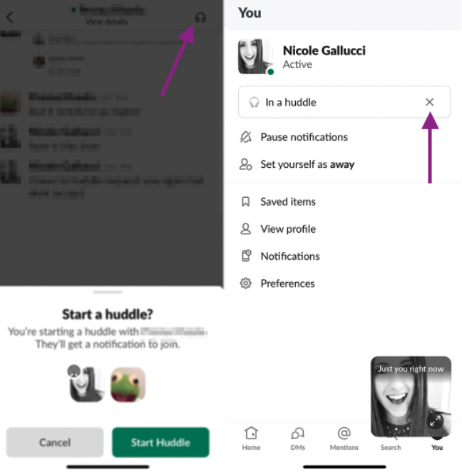 Splitscreen screenshots of Slack's mobile app. The left image shows a user starting a Huddle. The right image shows an arrow pointing to the "Clear Status" button on the user's Settings page.