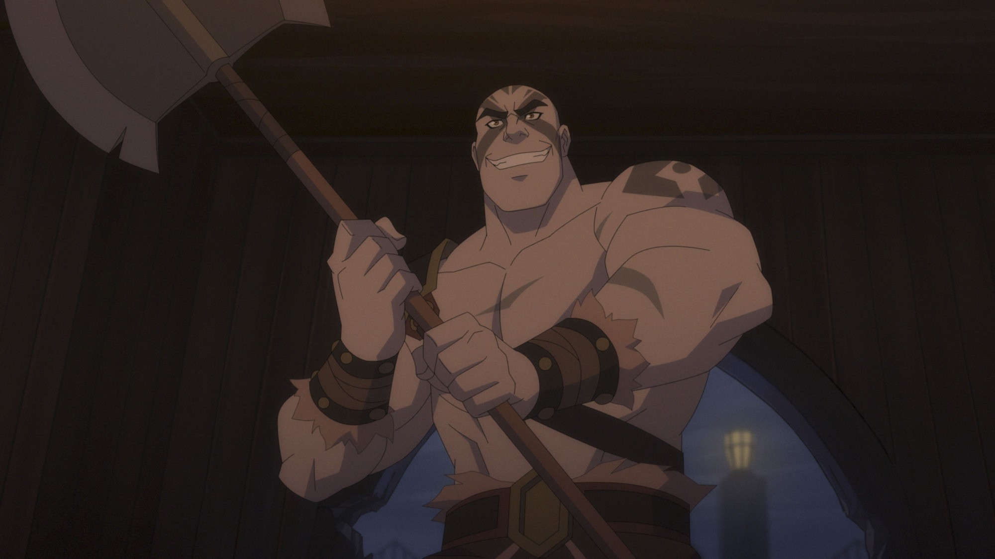 A smiling giant holding an axe.