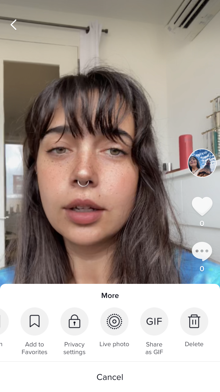 Screenshot displaying the options on a TikTok video