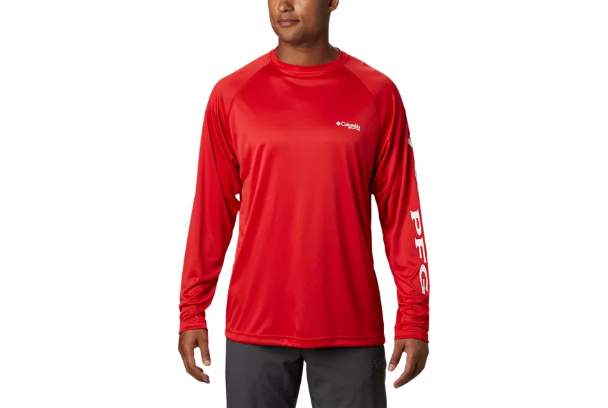 man in a red columbia PFG fishing shirt