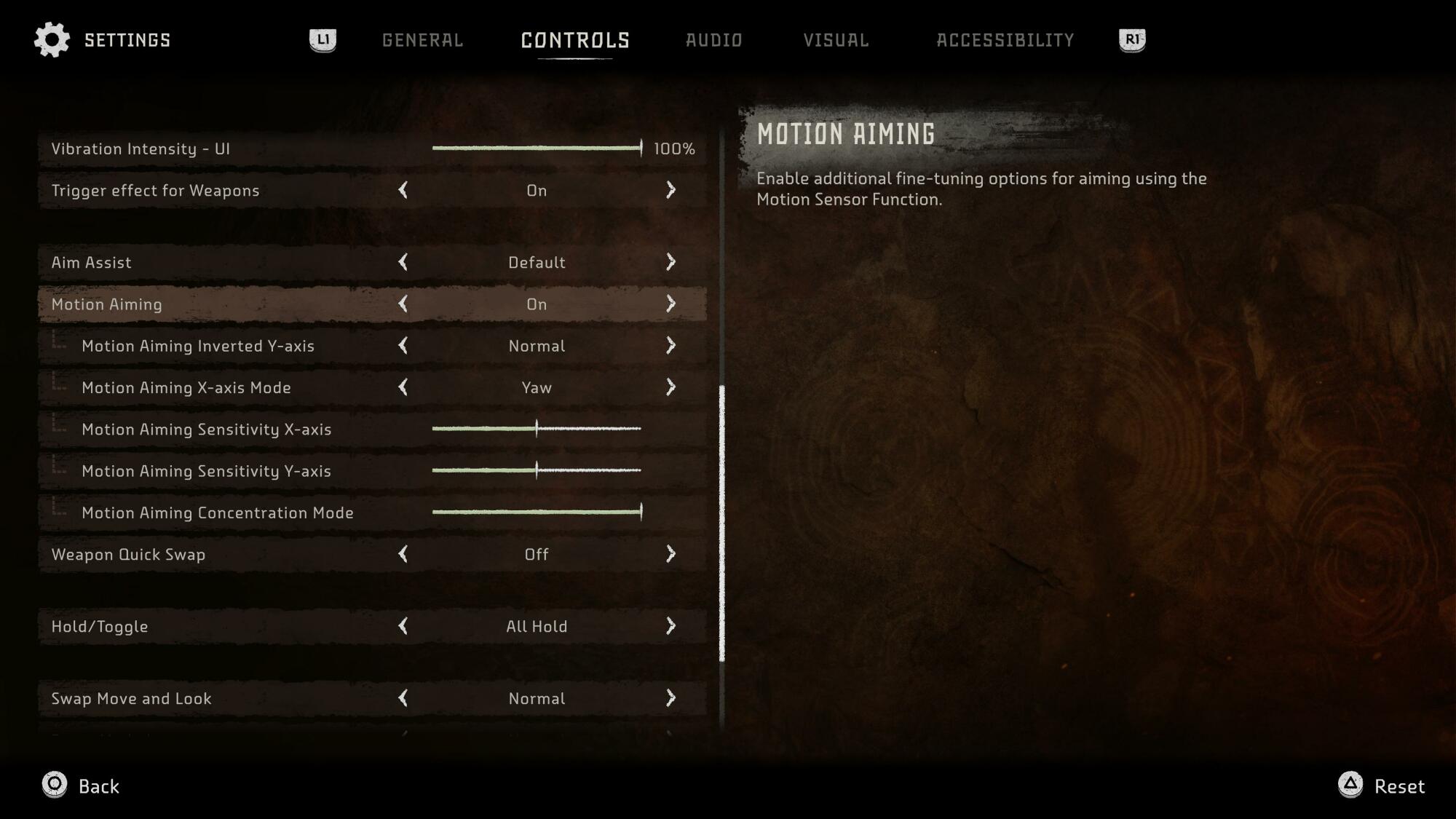 A "Controls"-focused menu screen from "Horizon Forbidden West." The "Motion Aiming" option is highlighted and set to on, and a number of additional nested motion settings are listed below it.