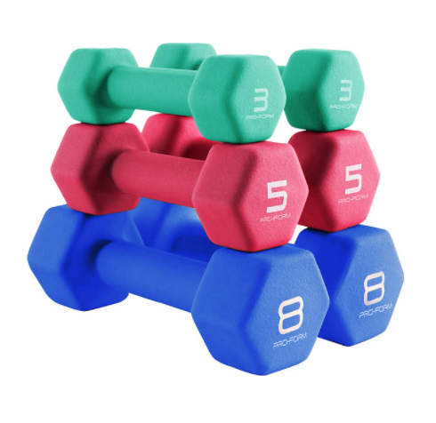 stack of colorful weights in 3, 5 and 8 lb sets