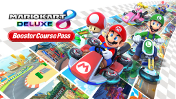 mario kart characters driving over images of courses next to the 'Mario Kart 8 Deluxe – Booster Course Pass' logo
