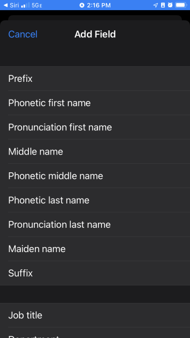 Options within the "add field" section on a contact's listing.