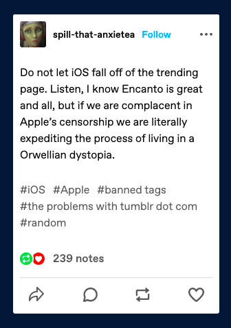Screenshot of Tumblr text post protesting the iOS tag ban