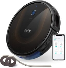 Eufy brown and black robot vacuum with boundary strip and phone