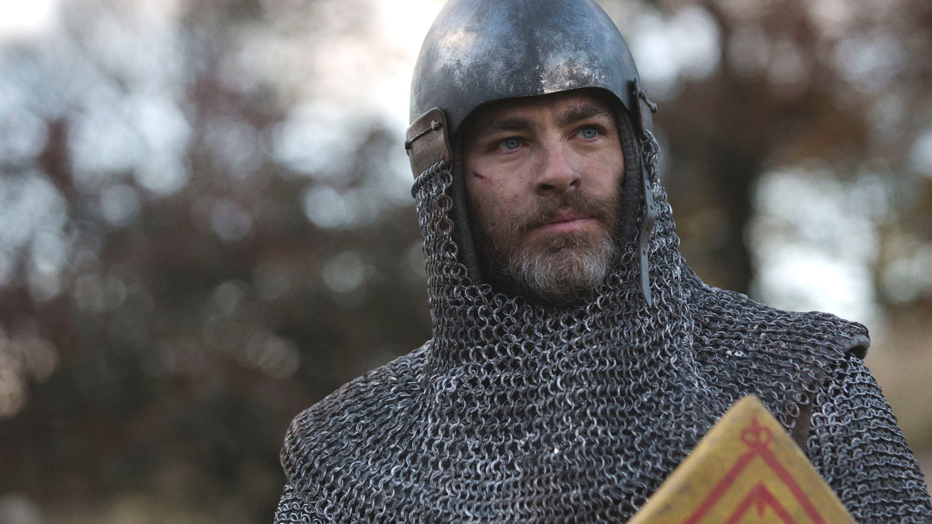A handsome bearded man wears chainmail.