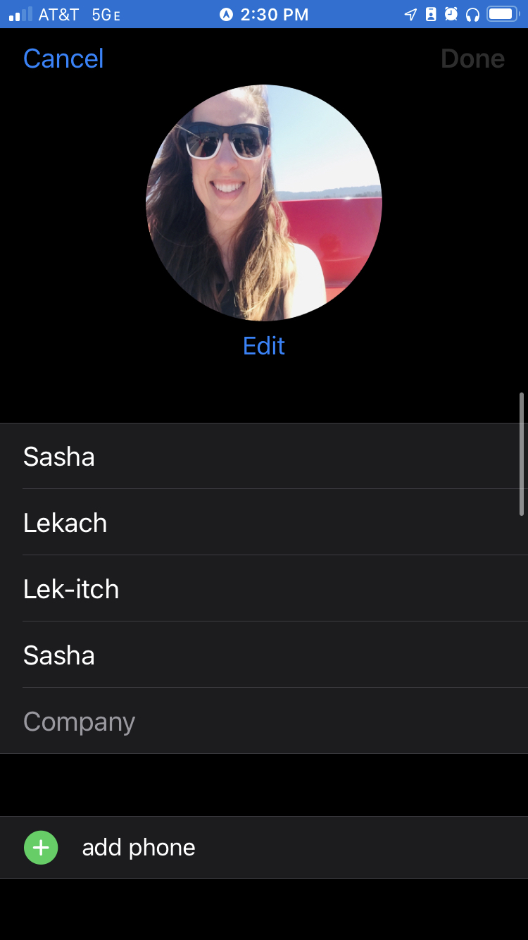 Screenshot of my contact card on an iPhone.