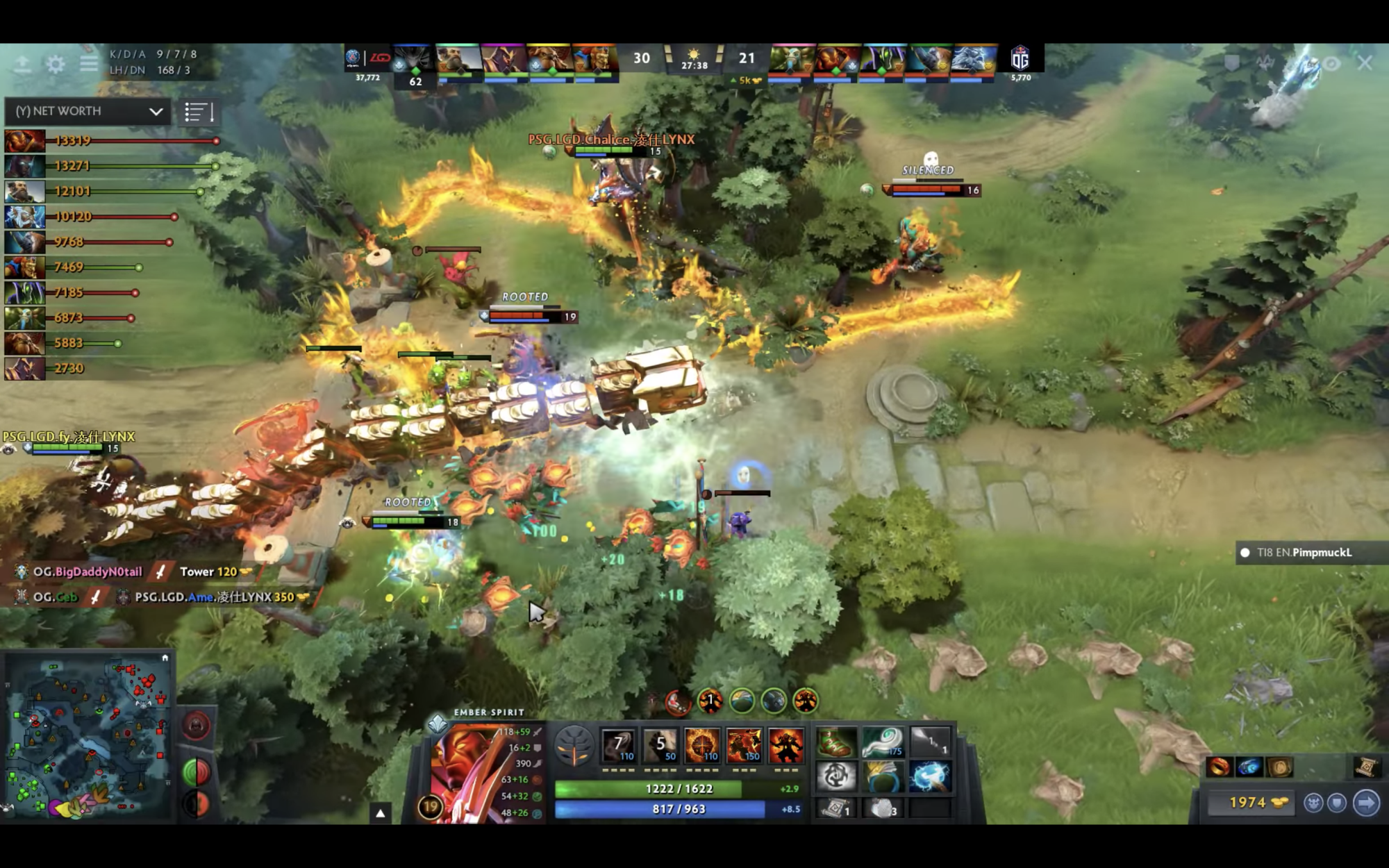 A screenshot of an OG vs PSG.LGD game during the 2018 Dota 2 International.
