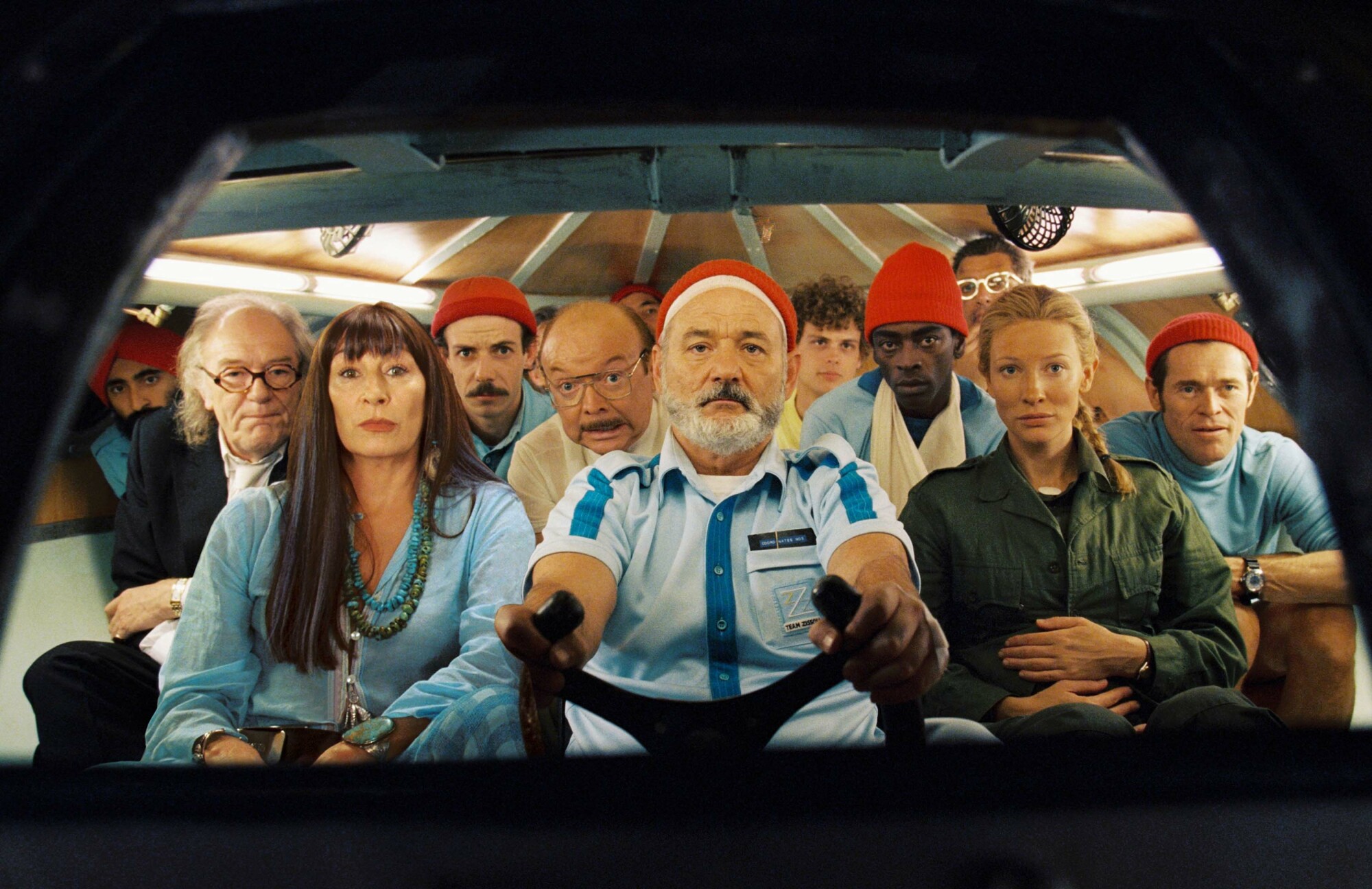 The cast of The Life Aquatic With Steve Zissou, with Bill Murray at the centre.