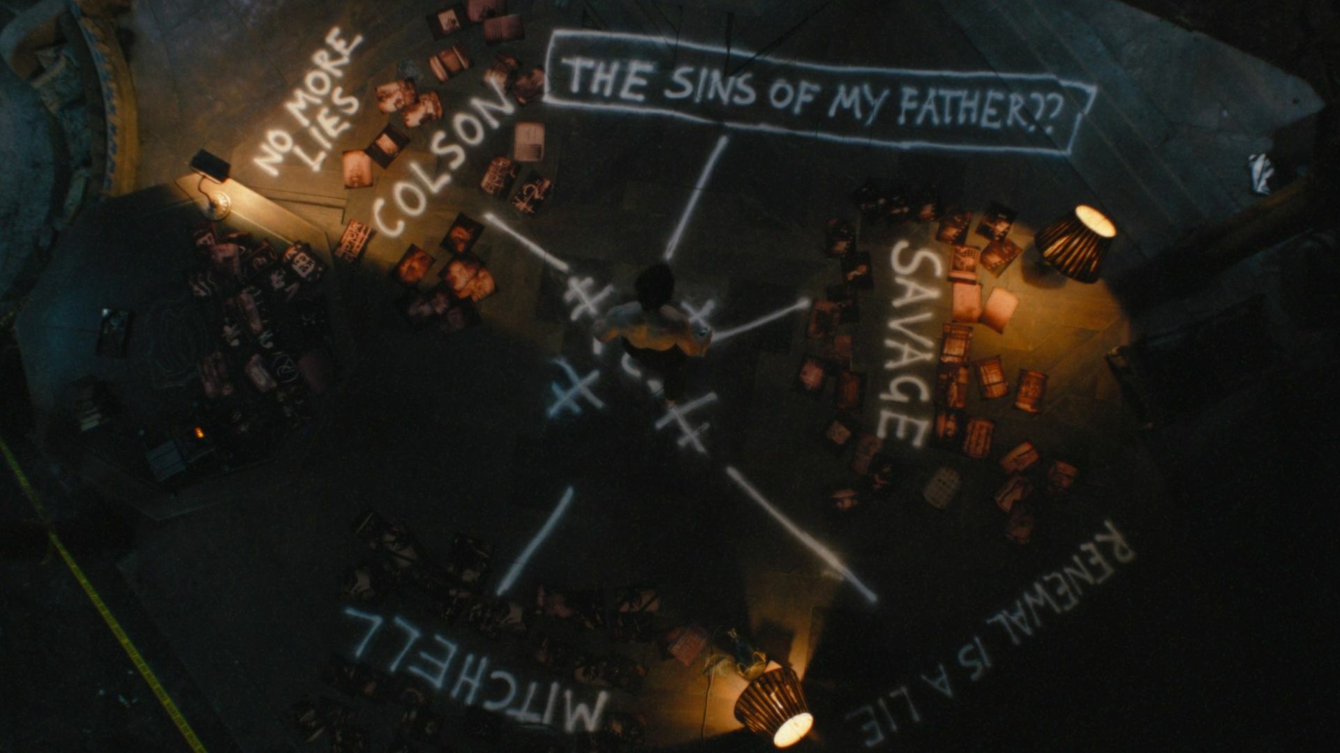 Clues scattered on a floor, with spray painted labels.