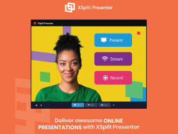 Presenting screen with present, stream, and record options next to person smiling on orange background