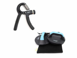 Grip trainer in black and silver next to circular push-up bars in black and light blue