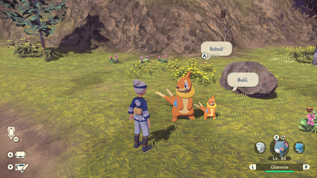 A Pokémon trainer standing next to a very large Buizel and a very small Buizel.